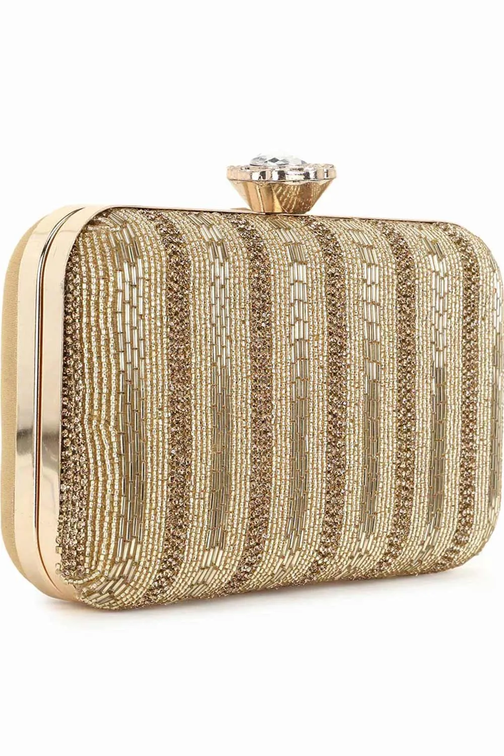 Adorn Gold Faux Silk Striped & Embellished Clutch