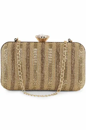 Adorn Gold Faux Silk Striped & Embellished Clutch