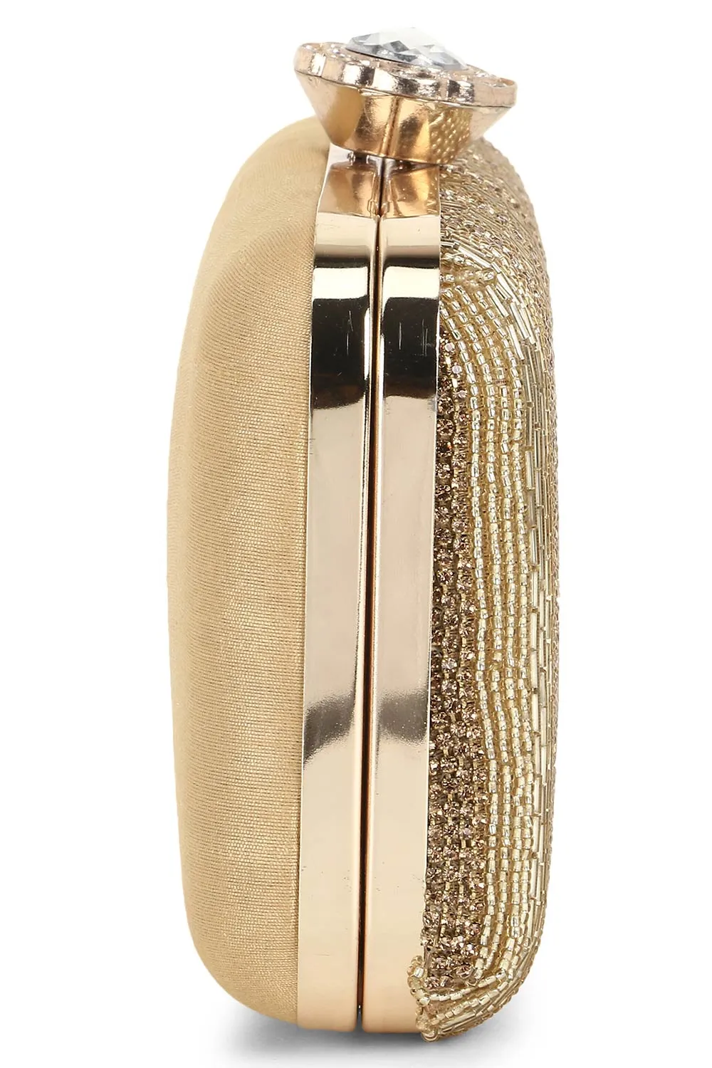 Adorn Gold Faux Silk Striped & Embellished Clutch