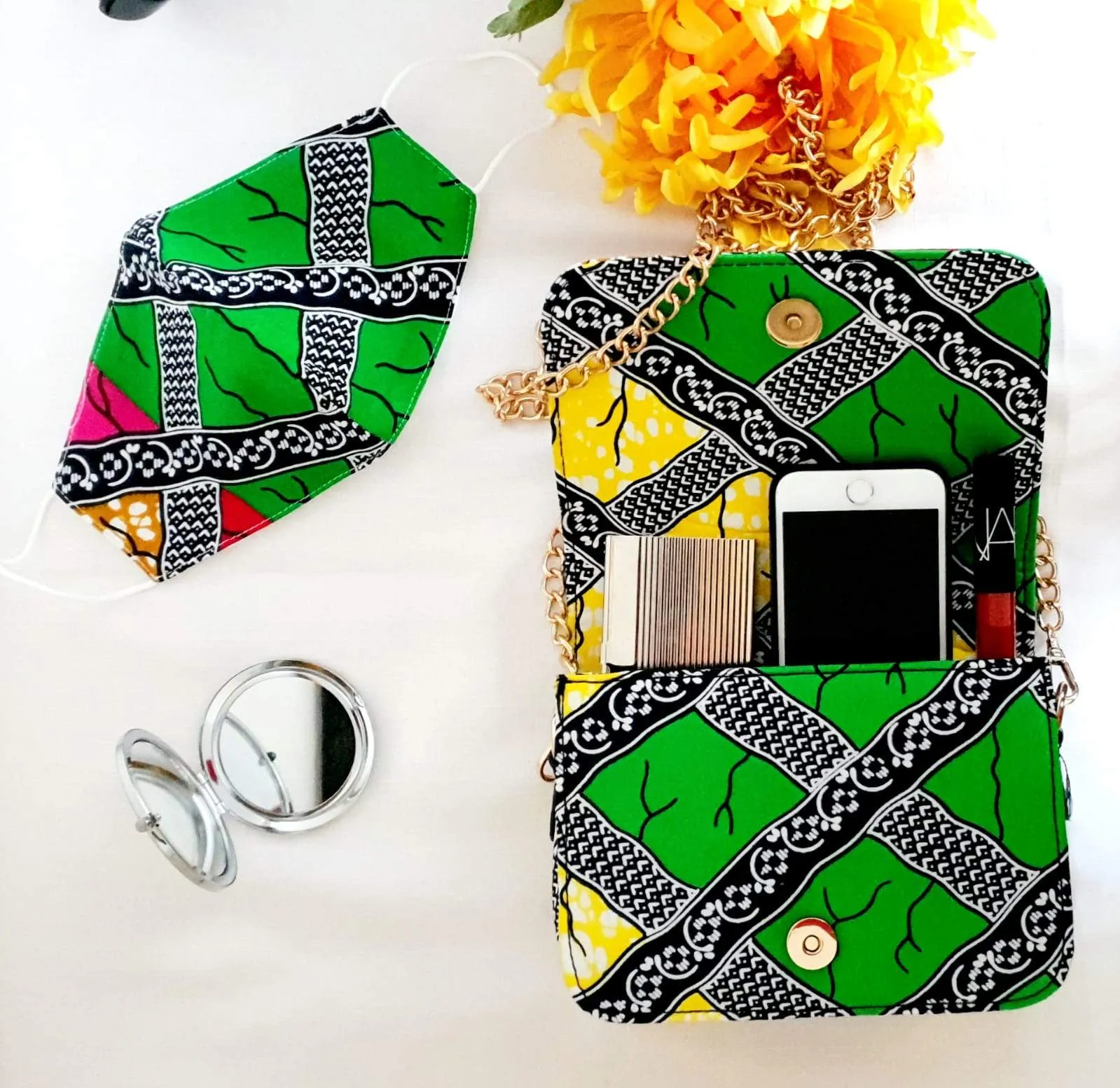 African Print Shoulder Bag with Matching Facemask