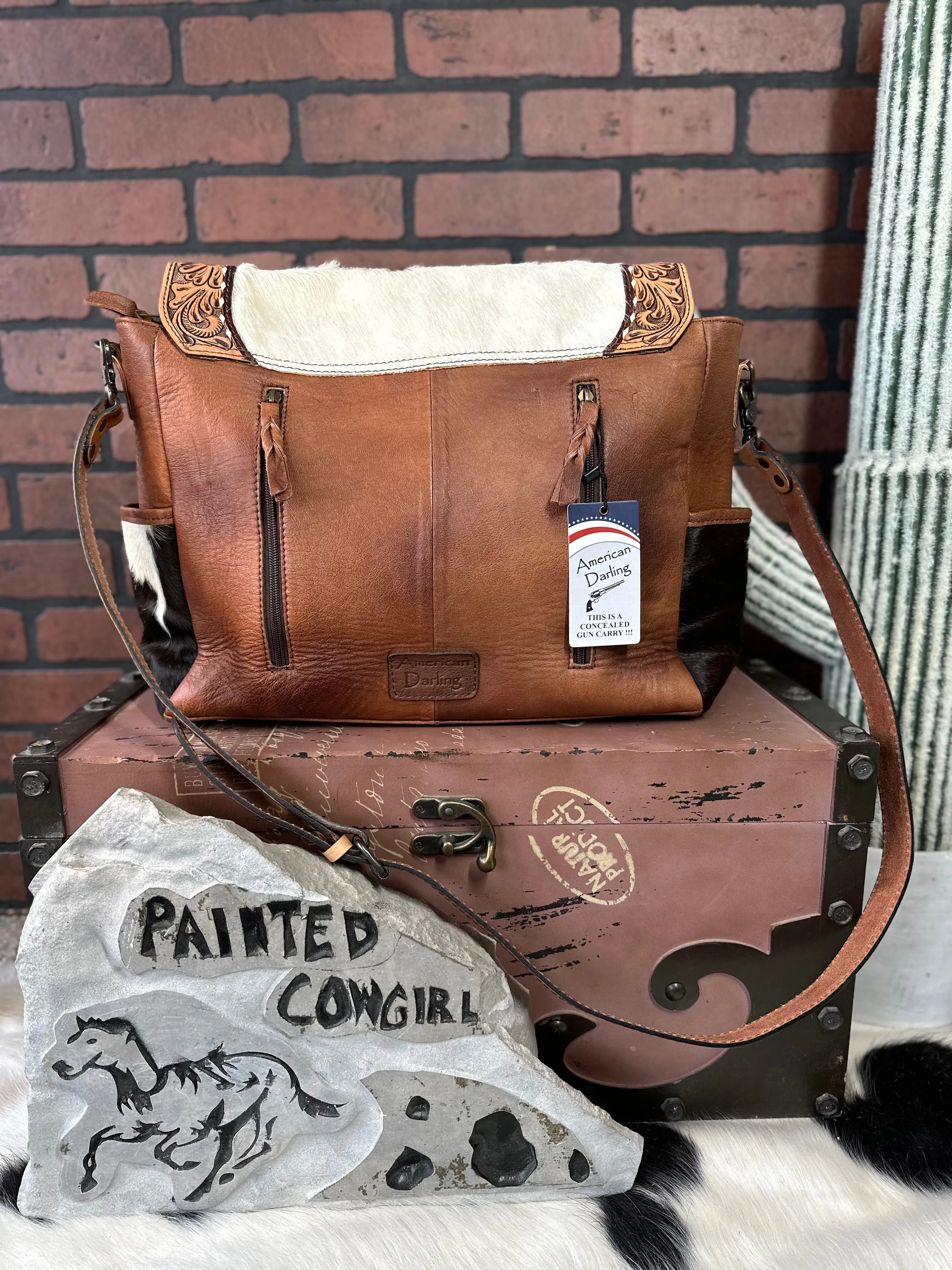 American Darling Cowhide Hair-On Concealed Carry Crossbody Messenger Briefcase Purse ADBG842B all