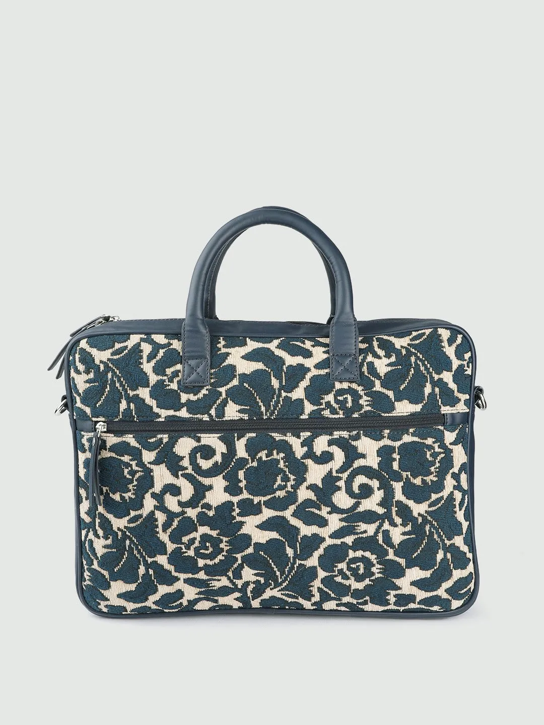 Berrylush Teal Floral Printed PU Detachable Sling Strap Oversized Satchel Laptop Bag