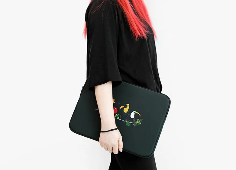 Black Bird Toucans Graphic Laptop Sleeves iPad 11" 13" 15" inch Cases Protective Covers Handbags Square Pouches Designer Artist Prints Cute Lightweight School Collage Office Zipper Fashion Unique Gifts couple items Skins