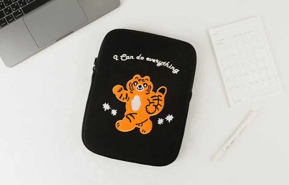 Black Tiger Laptop Sleeves iPad 11" 13" 15" inch Cases Protective Covers Purses Skins Handbags Square Cushion Carrying Pouches Designer Artist Embroidery School Collage Office Lightweight Pocket Cute Characters