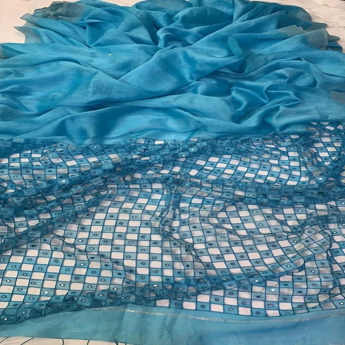 Blue Silk Linen Cutwork Saree