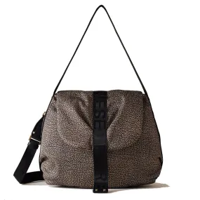 Borsa Donna Hobo con Pattina BORBONESE linea Cloudette Medium in Tessuto Jet Op colore Naturale e Nero