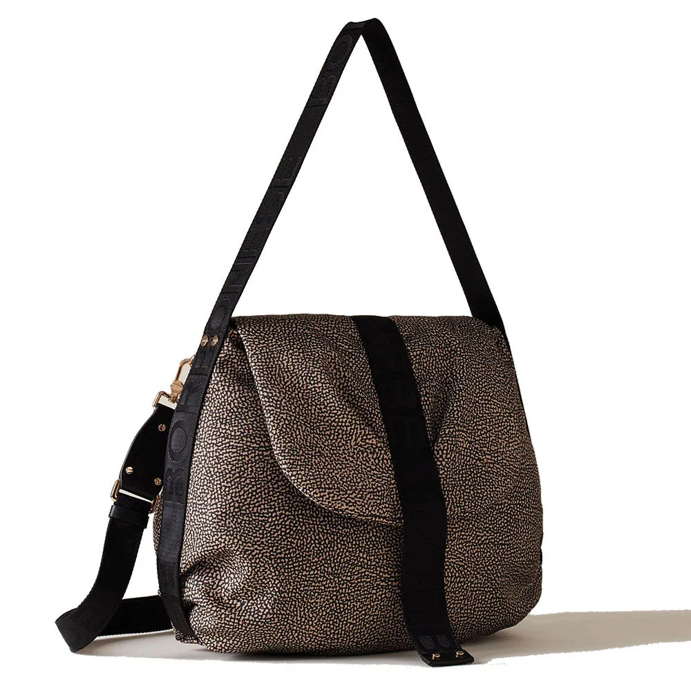 Borsa Donna Hobo con Pattina BORBONESE linea Cloudette Medium in Tessuto Jet Op colore Naturale e Nero