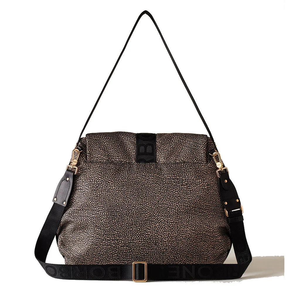 Borsa Donna Hobo con Pattina BORBONESE linea Cloudette Medium in Tessuto Jet Op colore Naturale e Nero