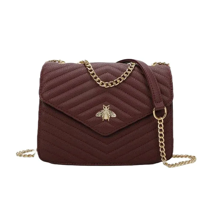 Burgundy Shoulder Bag With Gold Bee Detail