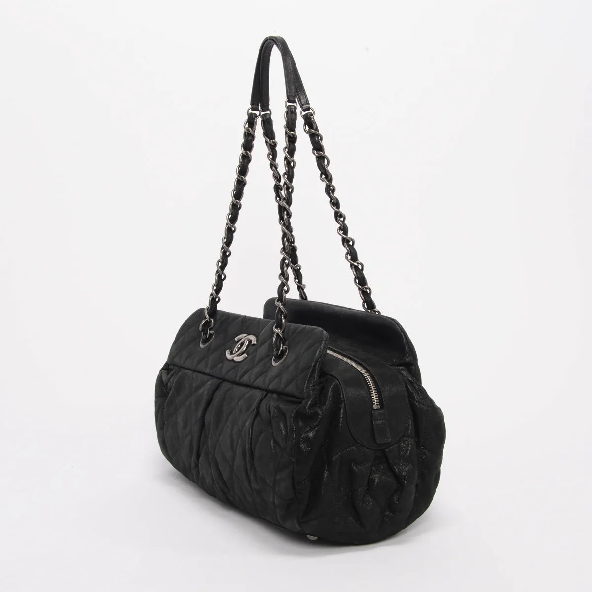 Chanel Black Iridescent Calfskin Chic Quilt Bowling Bag