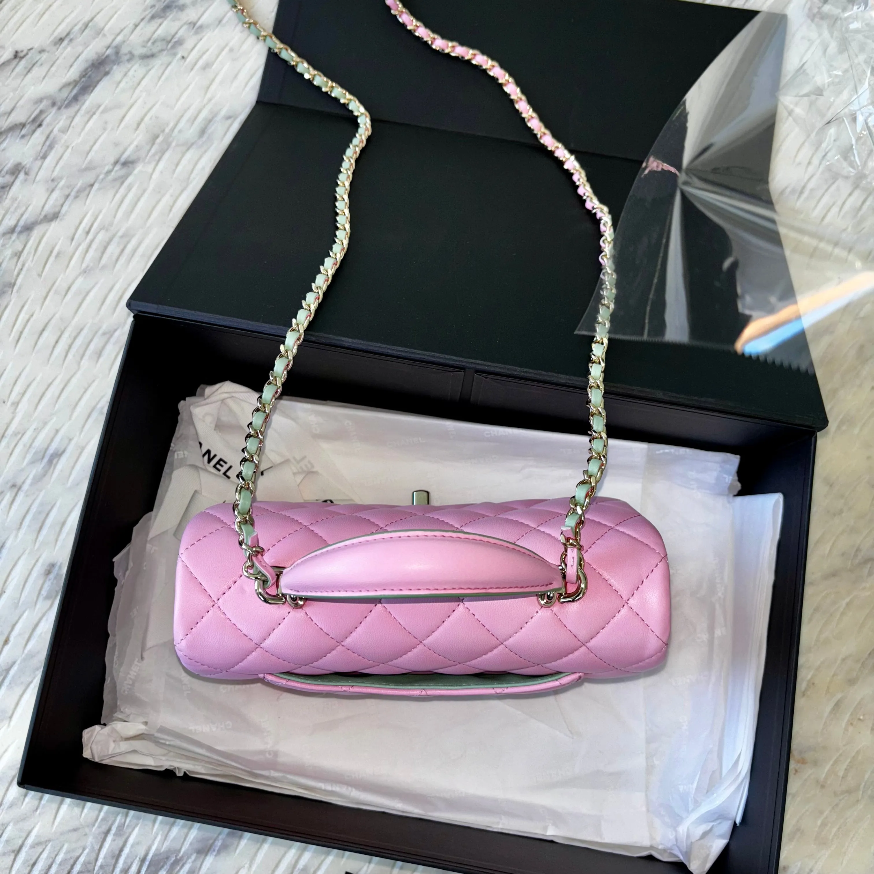 Chanel Mini Top Handle Pink Green Lambskin