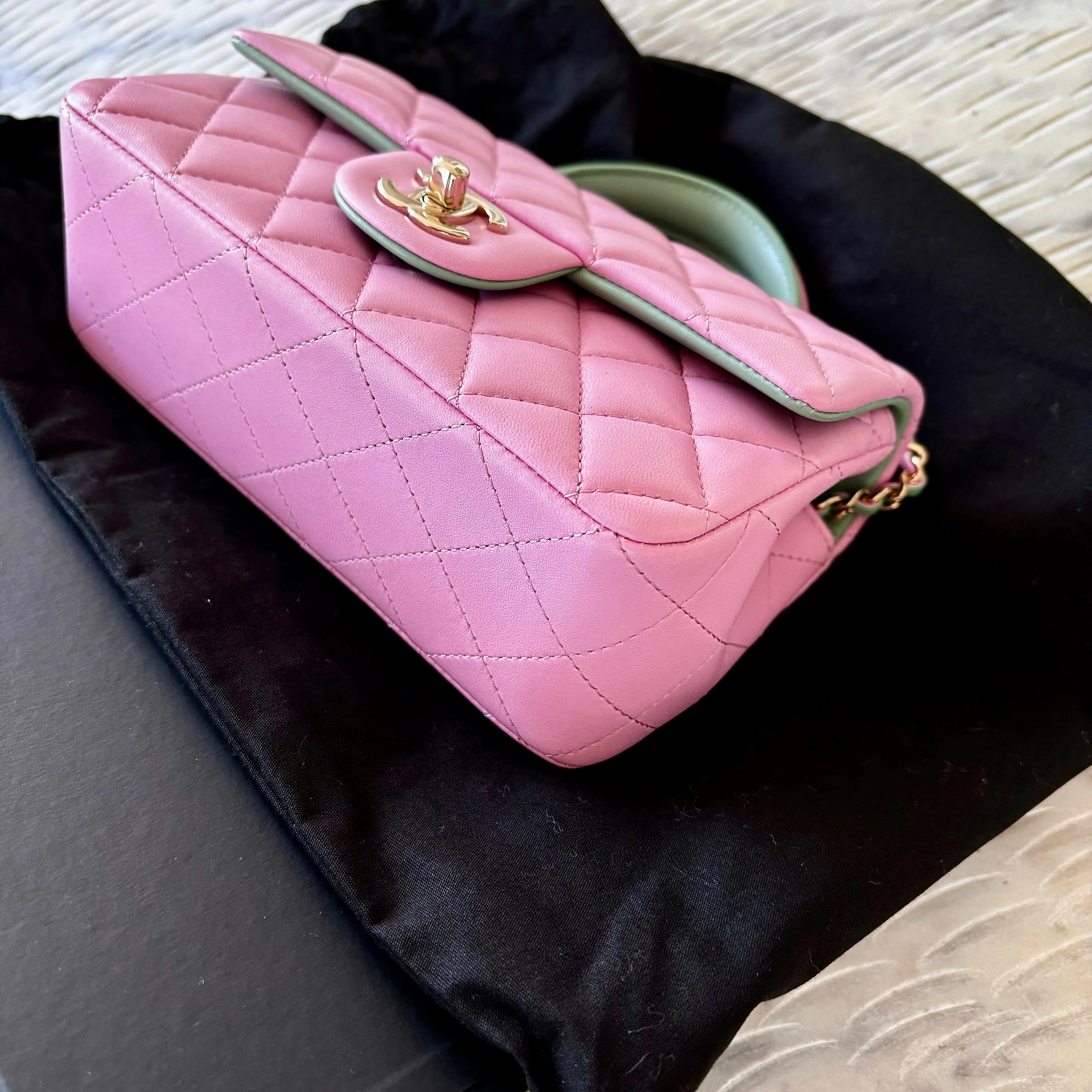 Chanel Mini Top Handle Pink Green Lambskin