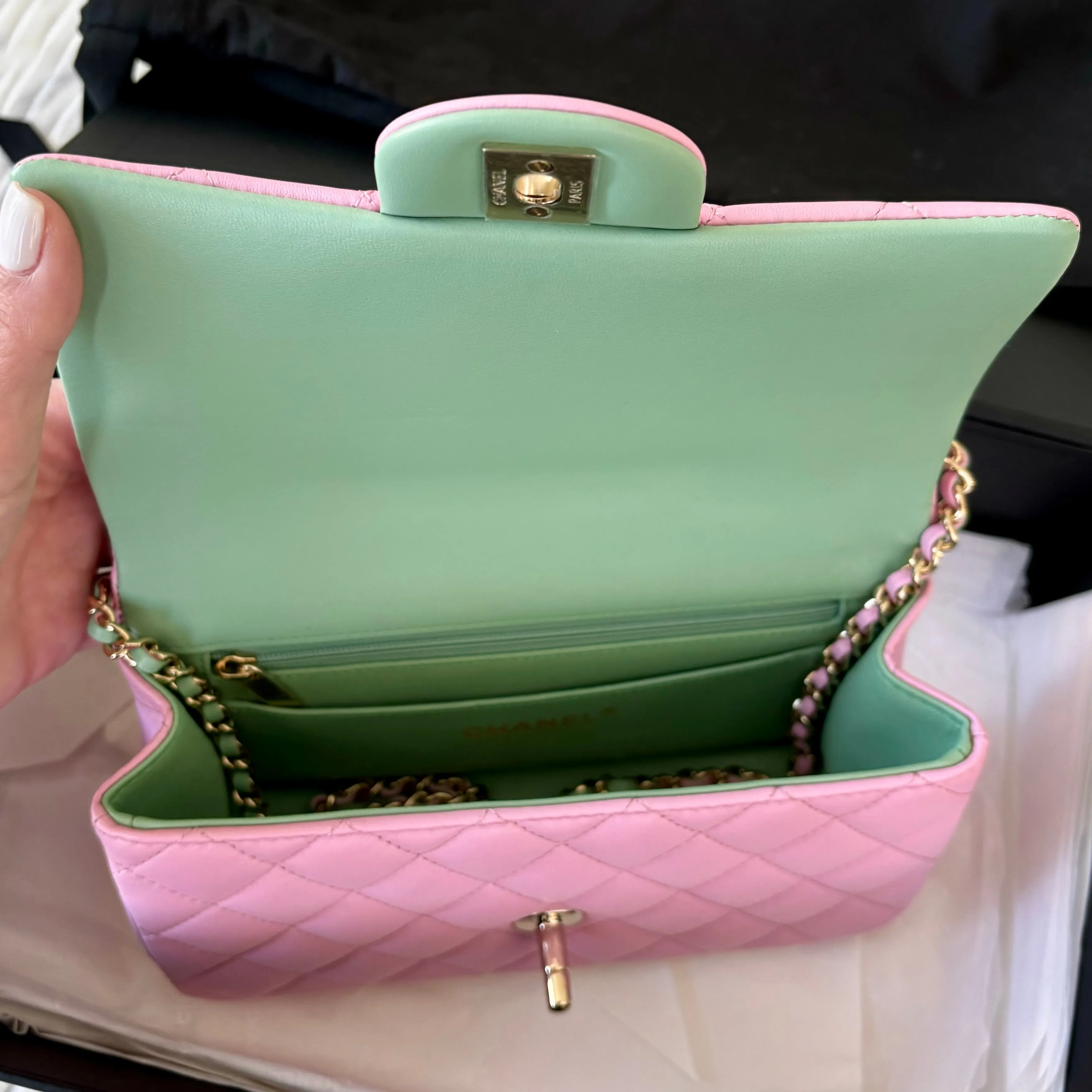 Chanel Mini Top Handle Pink Green Lambskin