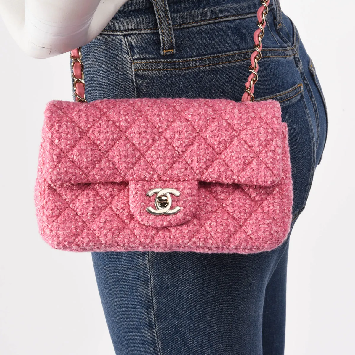 Chanel Pink Boucle Tweed Mini Rectangular Flap Bag