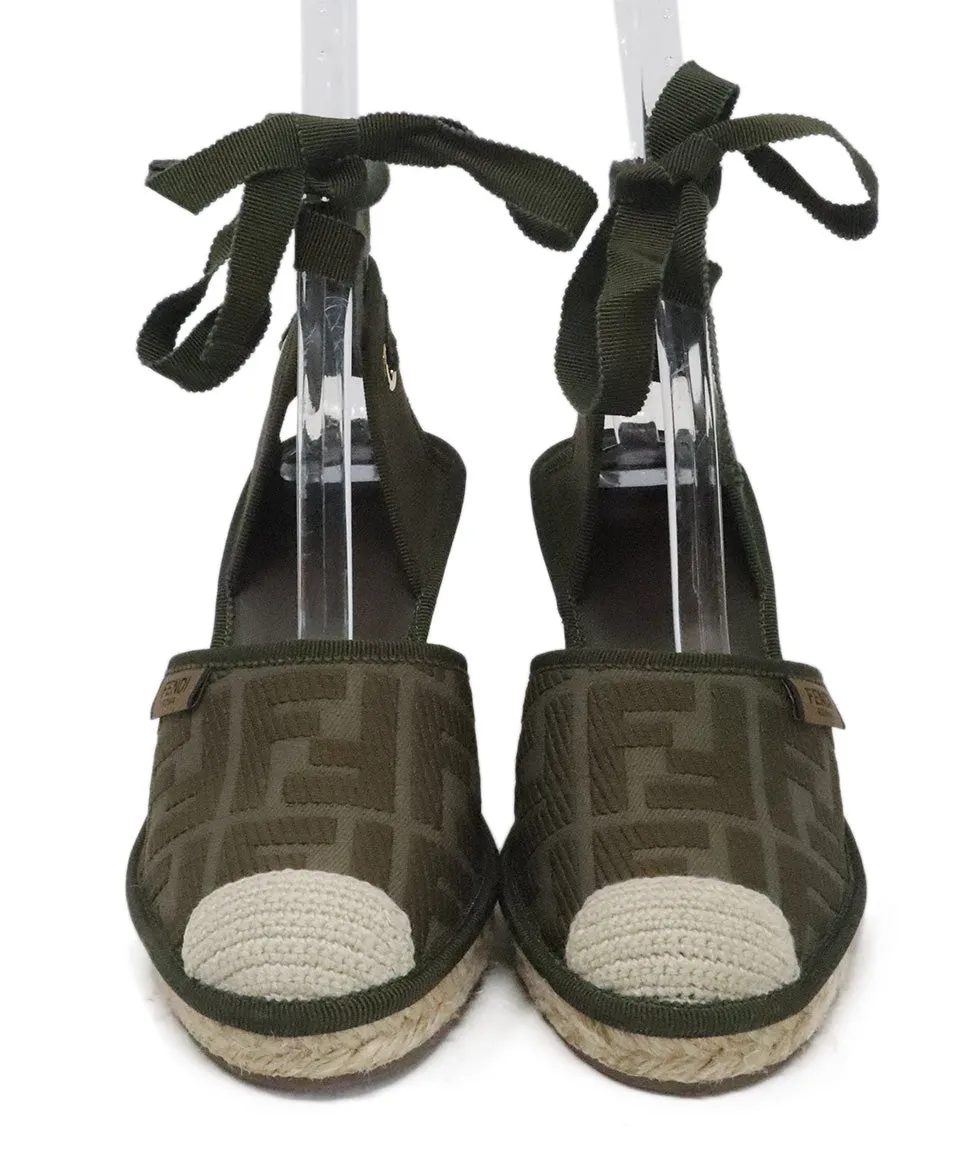 Fendi Green Canvas Espadrilles Wedges sz 6