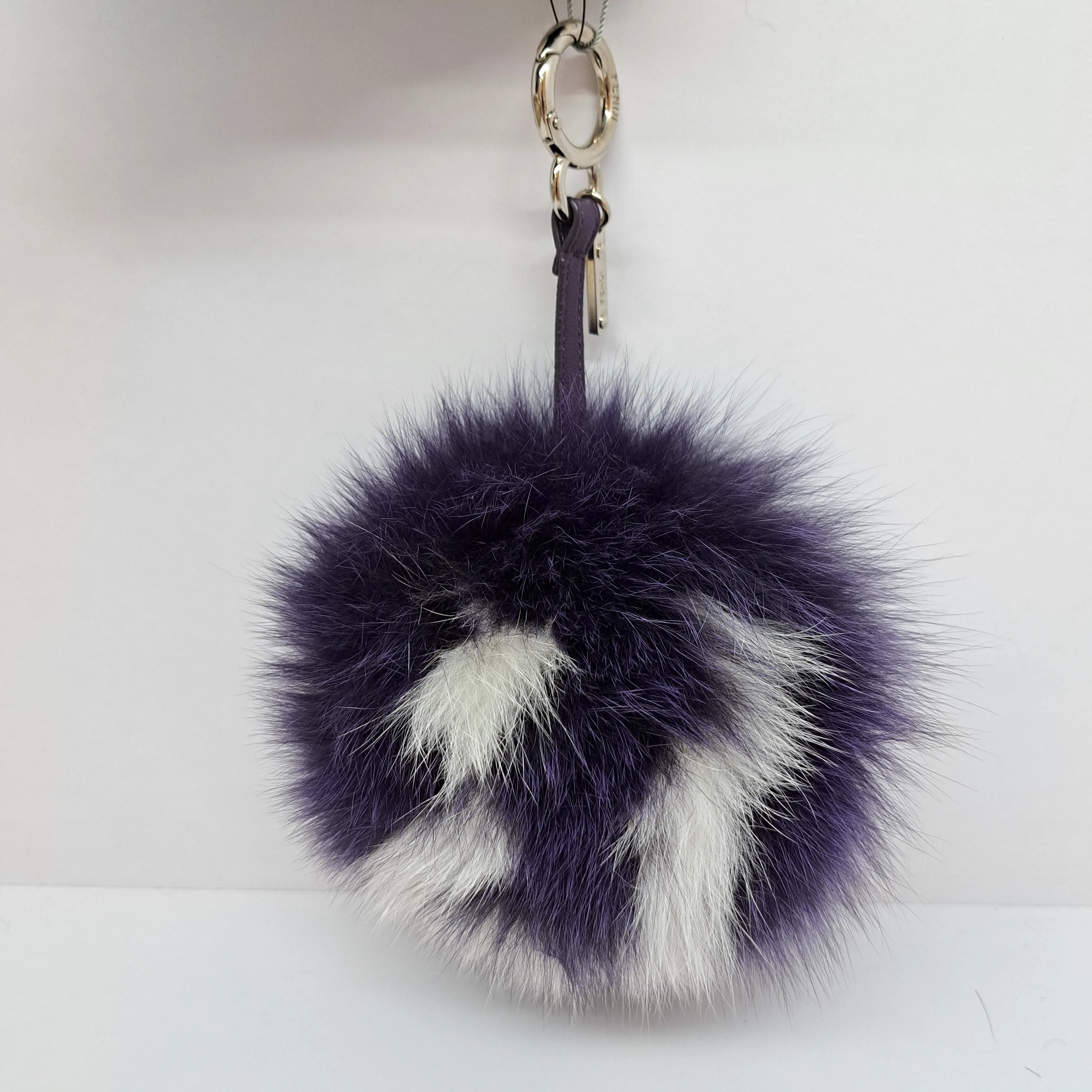 FENDI POM POM PURPLE FUR WITH WHITE U INITIALS WDC AND BOX