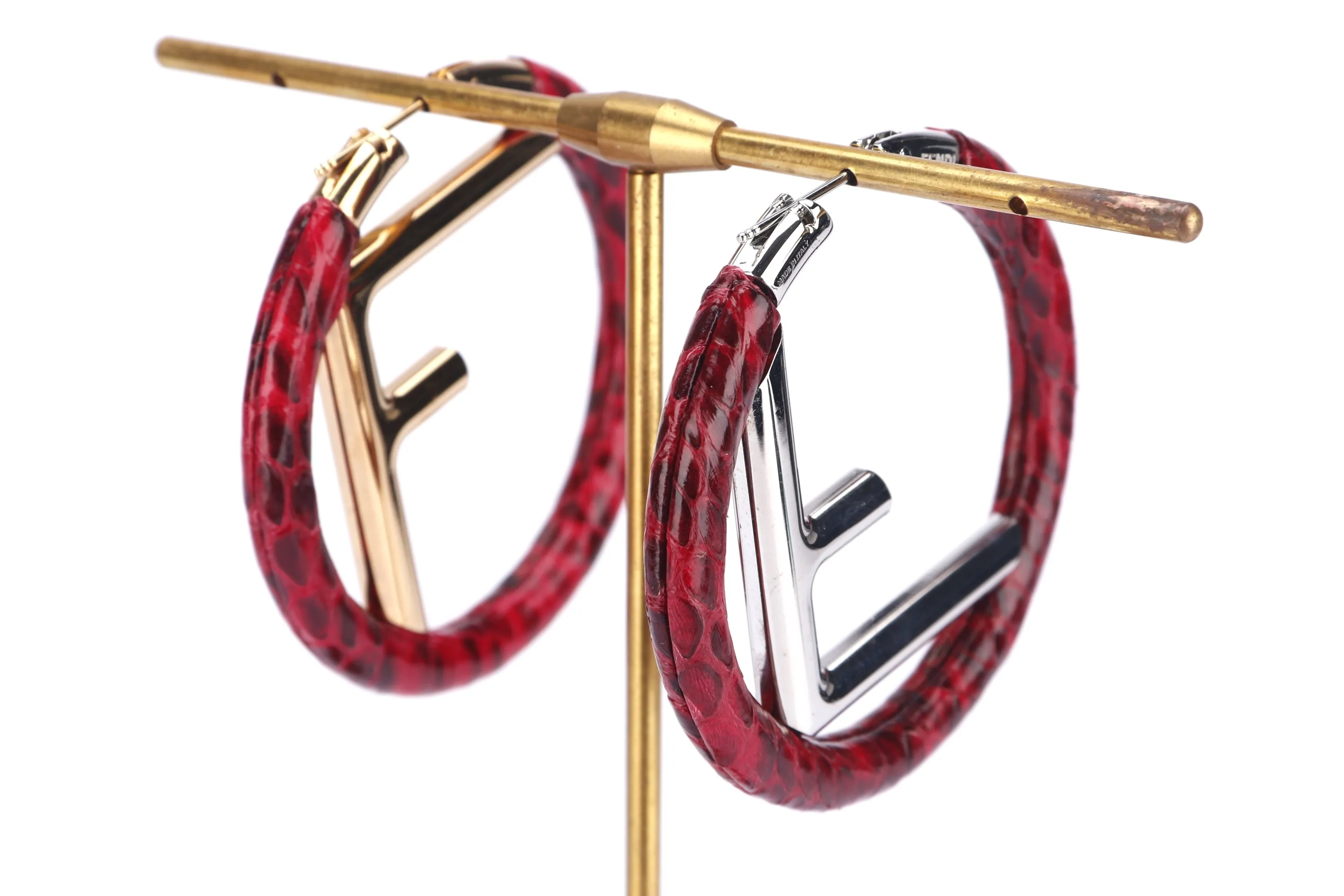 FENDI SILVER F INITIALS WITH RED LIZARD SKIN ROUND SHAPE EARRING, WITH BOX