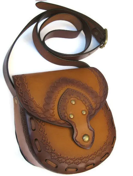 Genuine Tooled Leather Crossbody Purse Messenger Bag Vegetable Tanned Ombre Tan Brown Cowhide Brass Magnet Closure Adjustable By Karen Kell