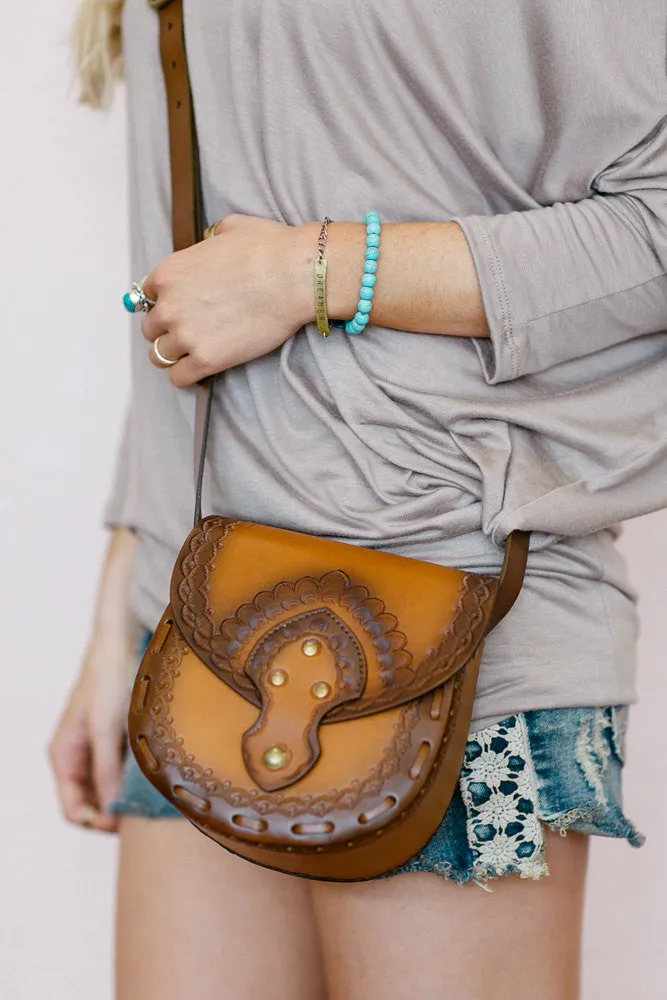 Genuine Tooled Leather Crossbody Purse Messenger Bag Vegetable Tanned Ombre Tan Brown Cowhide Brass Magnet Closure Adjustable By Karen Kell