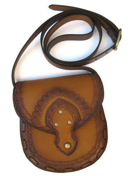 Genuine Tooled Leather Crossbody Purse Messenger Bag Vegetable Tanned Ombre Tan Brown Cowhide Brass Magnet Closure Adjustable By Karen Kell