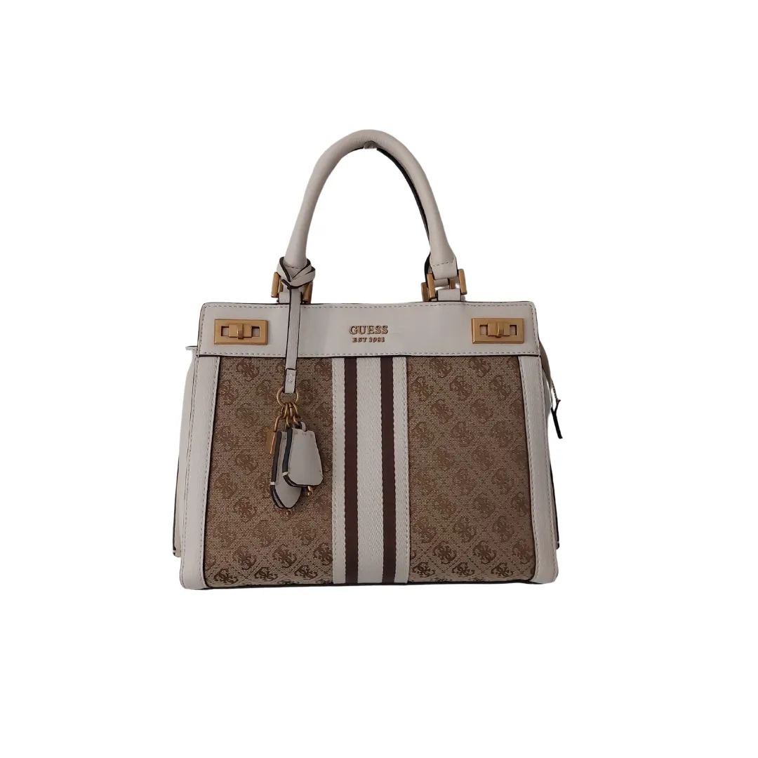 Guess Beige and White Monogram Katey Jacquard Satchel | Gently Used |