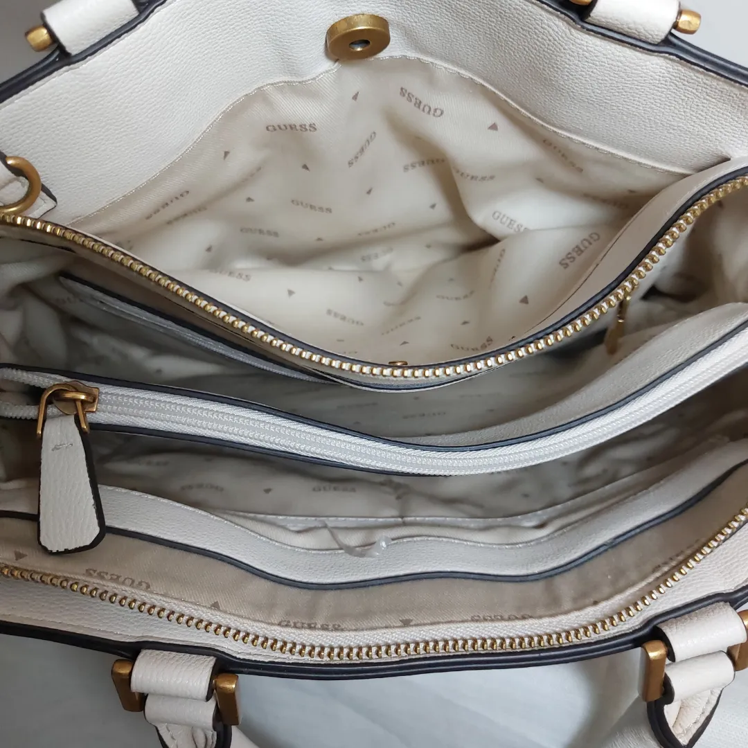 Guess Beige and White Monogram Katey Jacquard Satchel | Gently Used |