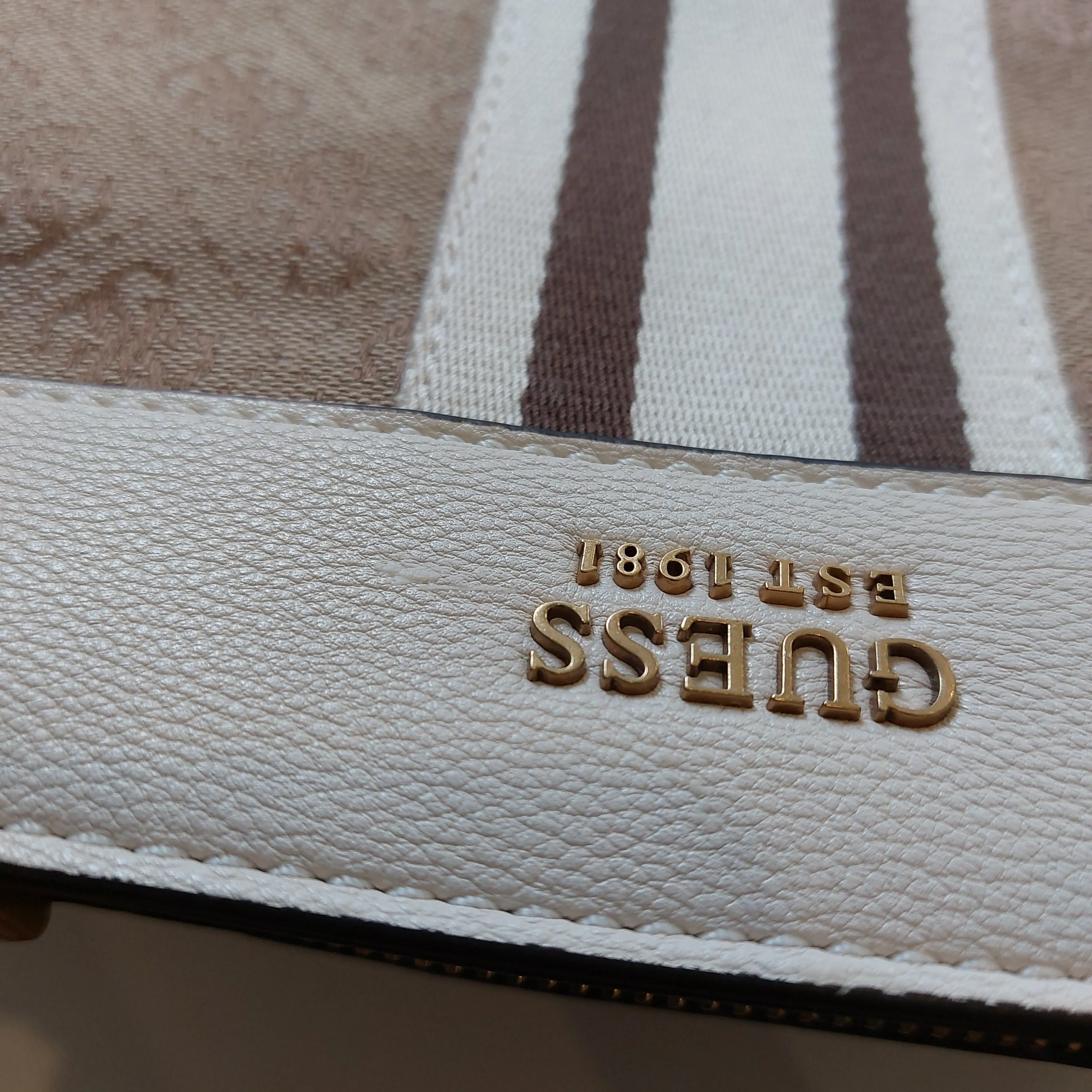 Guess Beige and White Monogram Katey Jacquard Satchel | Gently Used |