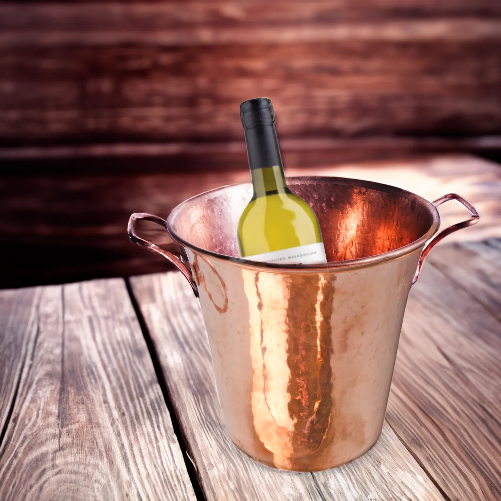 Hand Hammered Copper Wine Bucket (Polished) - Square Handles