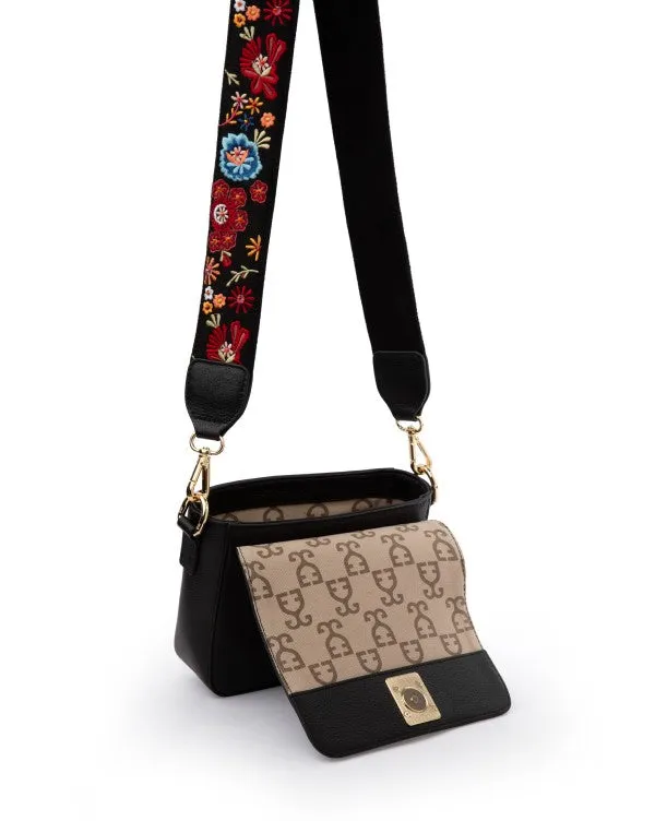 Mini Goblet Crossbody Vegan Leather :  Black With Embroidered Strap