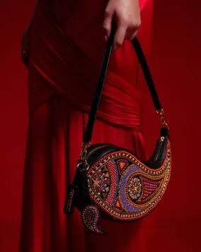 NEO Shoulder Bag Leather : Black (With Colourful Beads)