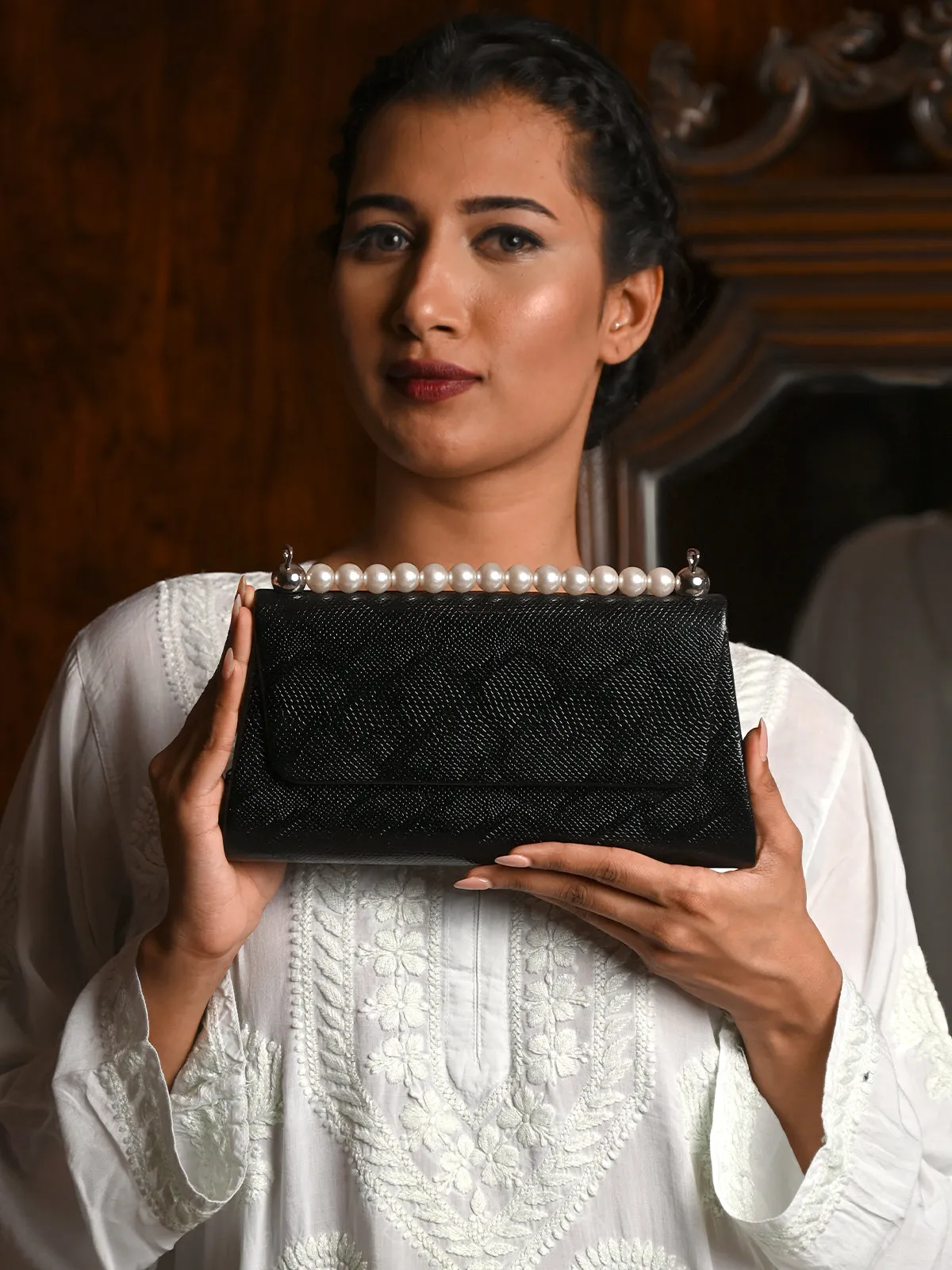 Odette Black Textured And Beads Embellished Clutch For Women