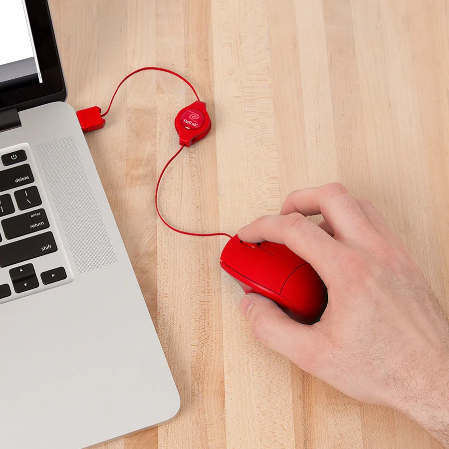 Optical Computer Mouse | Retractable Mouse Cord | Red