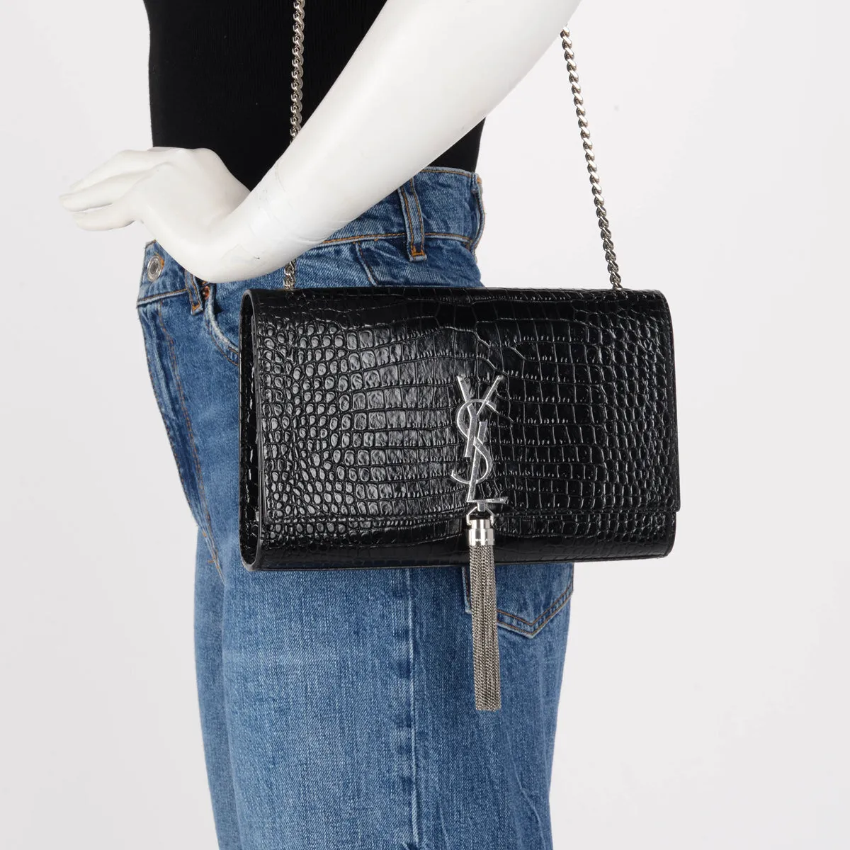 Saint Laurent Black Croc Embossed Medium Kate Tassel Bag