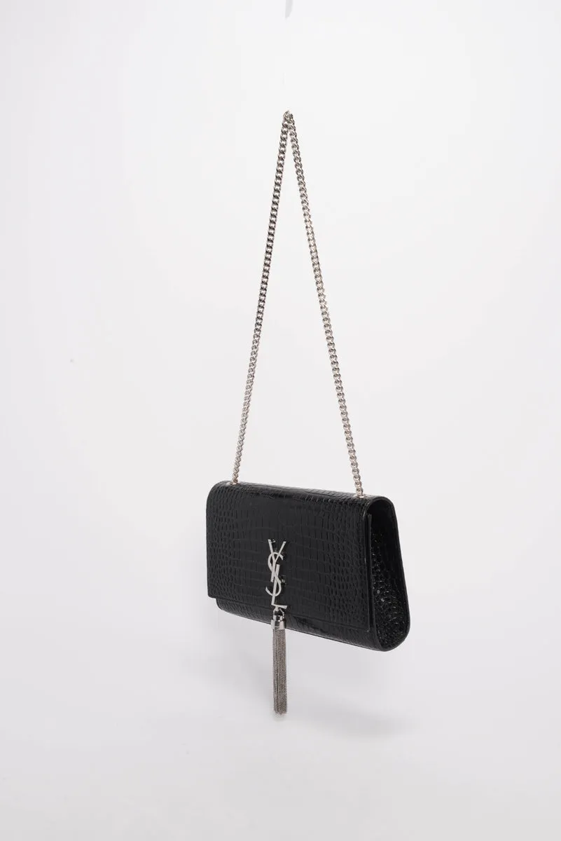 Saint Laurent Black Croc Embossed Medium Kate Tassel Bag