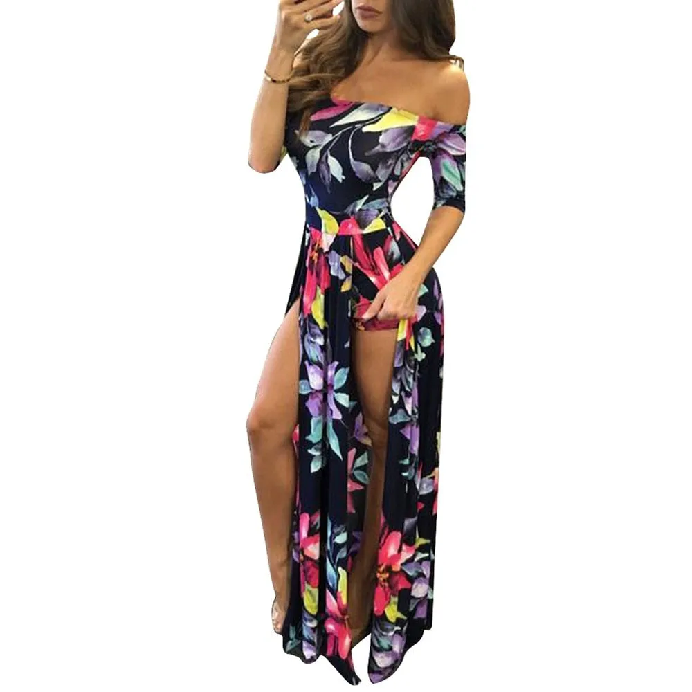 Women Floral Print Hobo Beach Long Dress Summer Elegant Off Shoulder Half Sleeve High Slit Party Dresses Outfit Beach Vestidos